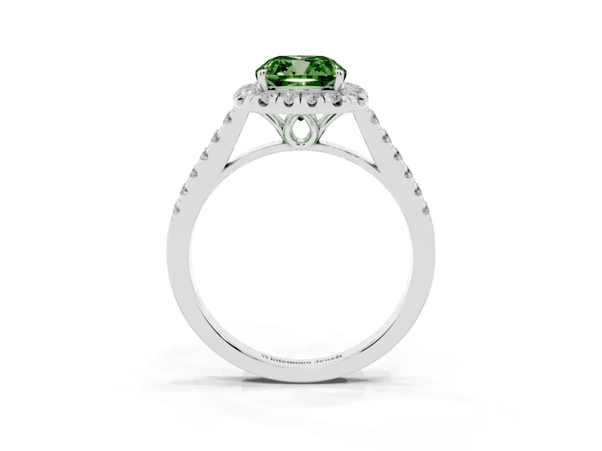 Fancy Green Cushion Cut Halo Pavé Diamond Engagement Ring with Four-Prong Setting White gold