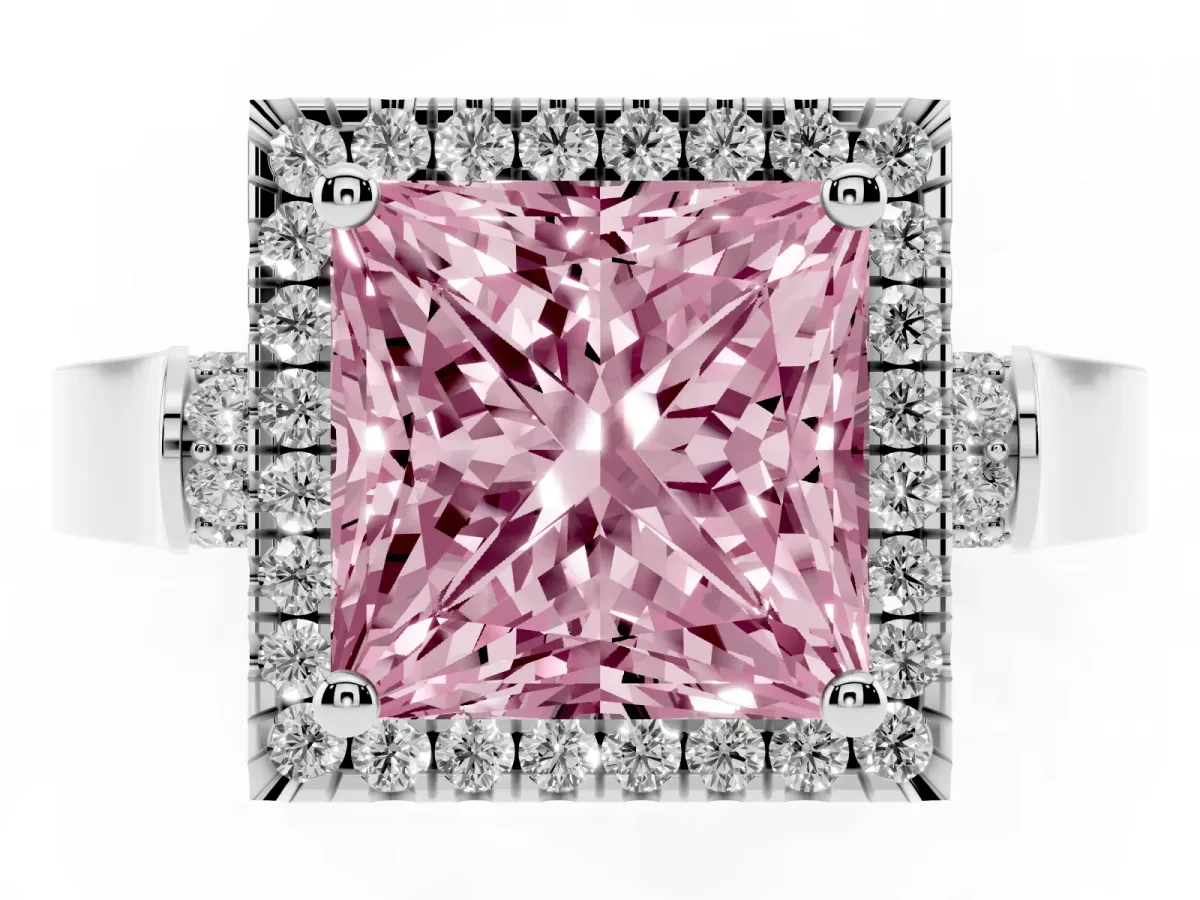 Fancy Pink Princess Cut Halo Round Diamond Twist Band with Four-Prong Setting White gold