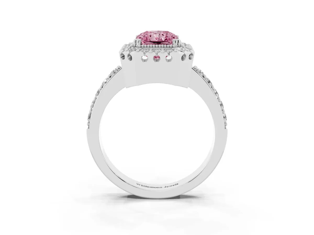 Fancy Pink Radiant Cut Diamond Halo Ring with Pavé Band and Prong Setting Silver