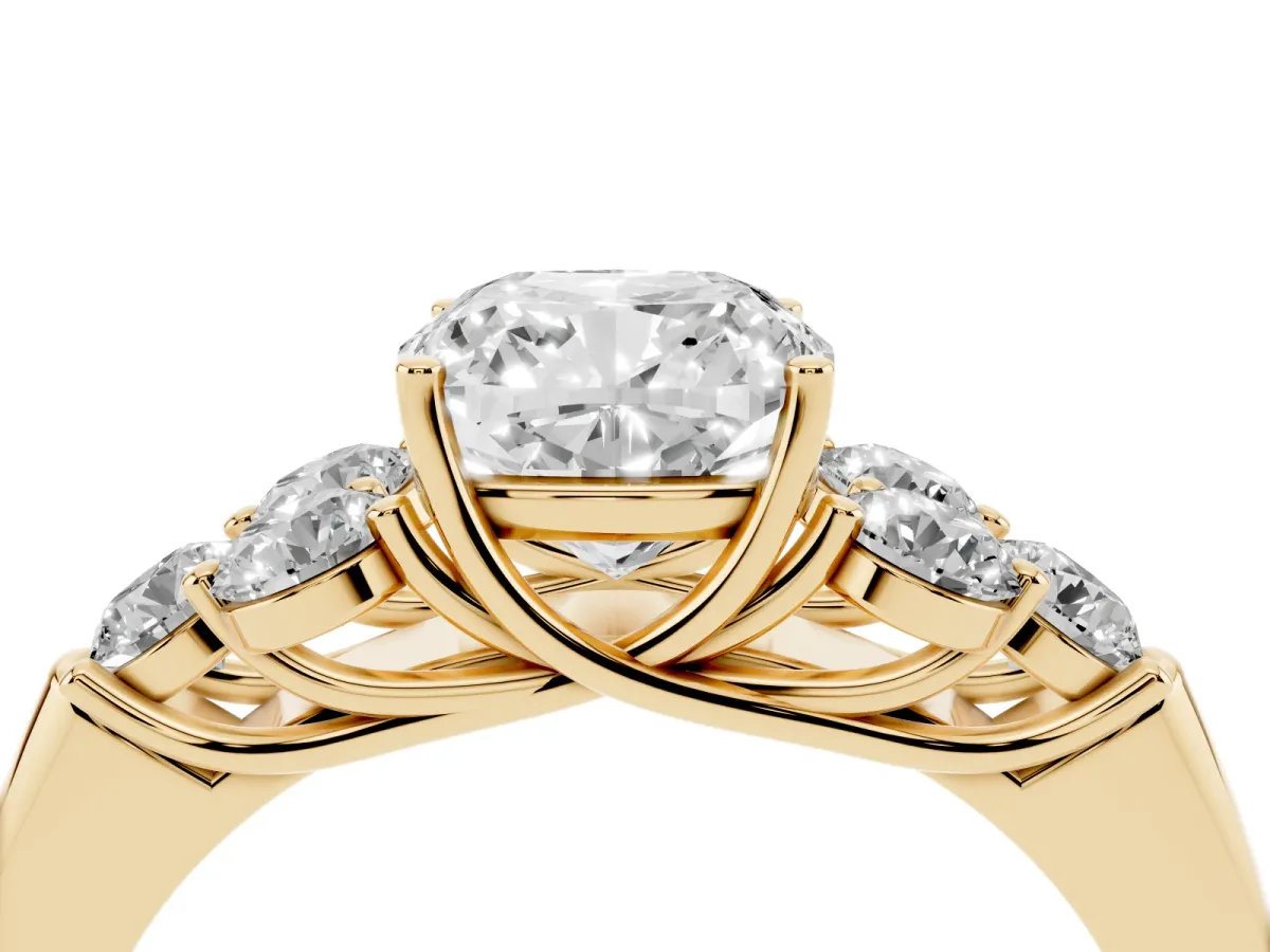 Cushion Cut Cut Diamond Cluster Ring with Round Accent Stones and Prong Setting on a Classic Band Yellow gold