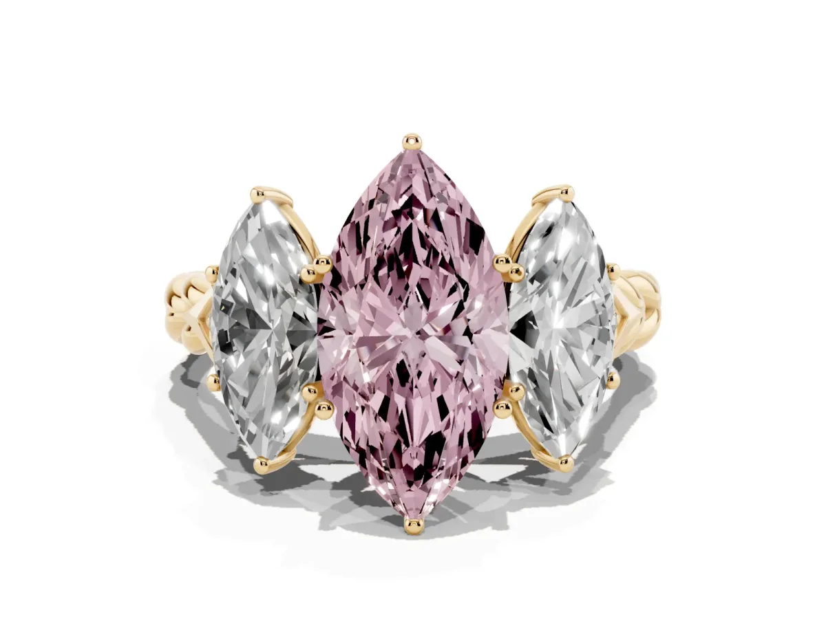 Fancy Pink Three-Stone Marquise Cut Diamond Braided Band Ring with Four-Prong Setting Yellow gold