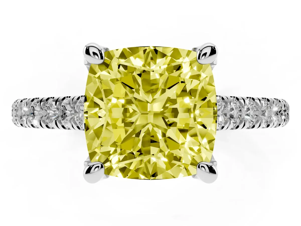 Fancy Yellow Cushion Cut Brilliant Diamond Solitaire with Pavé Band and Four-Prong Setting White gold