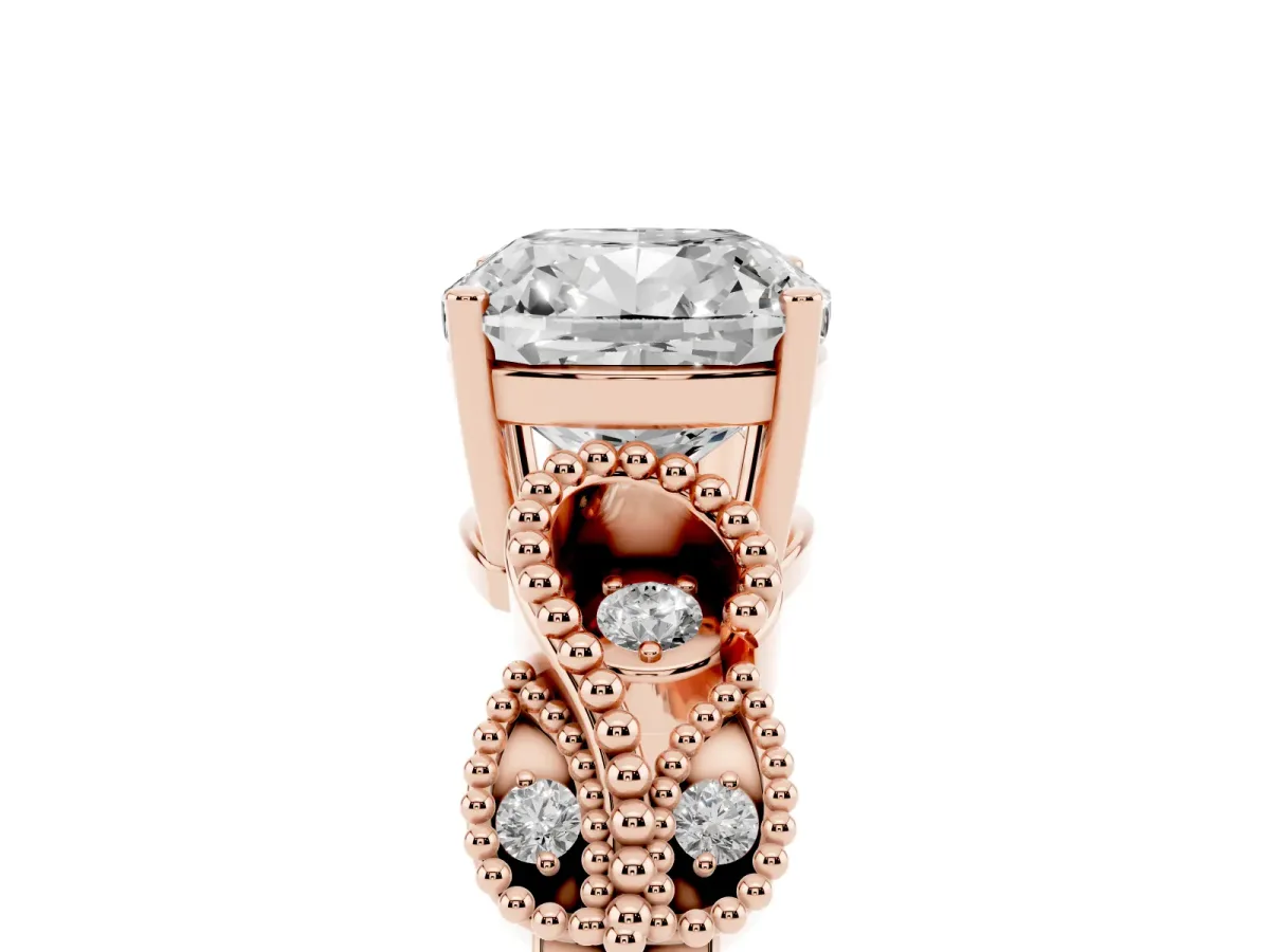 Cushion Cut Solitaire Milgrain Leaf Band with Prong Setting Rose gold
