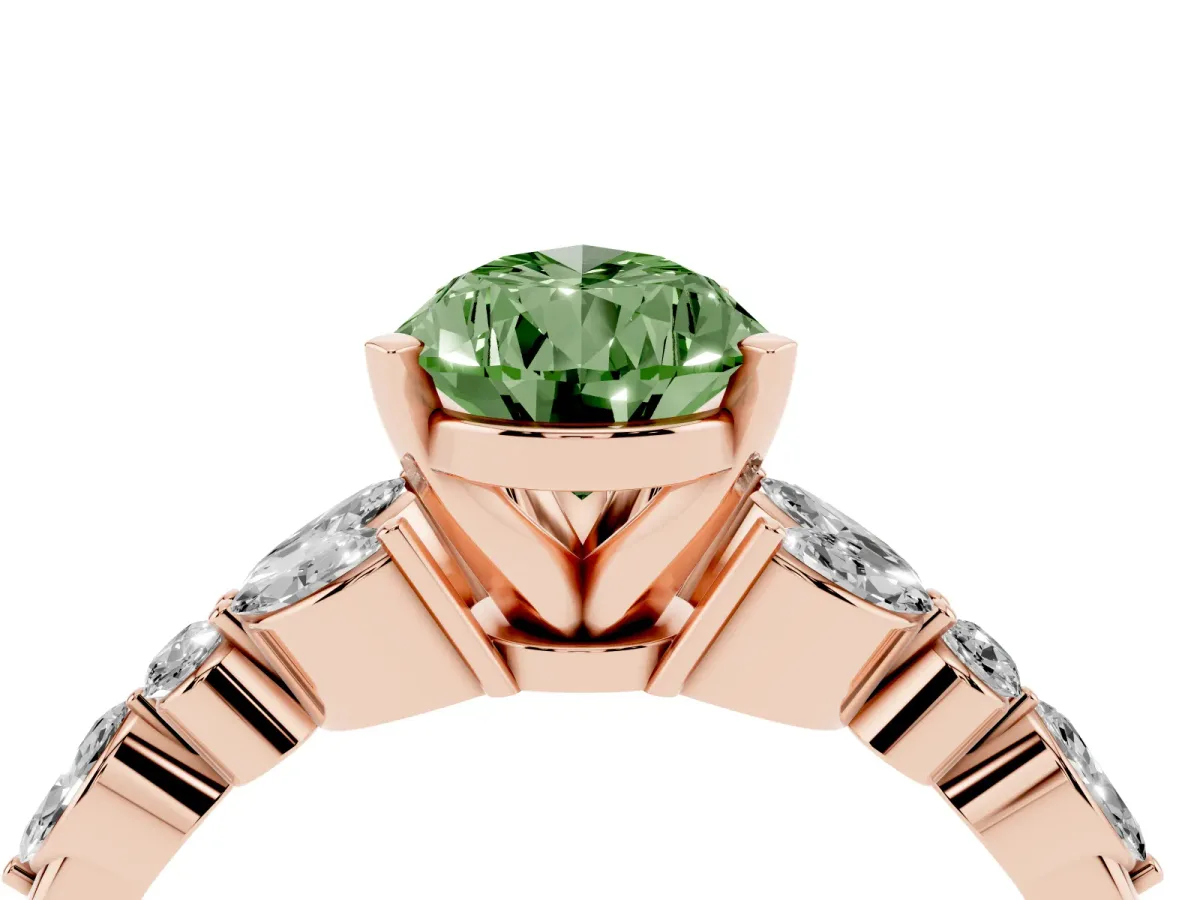 Fancy Green Pear Cut Diamond Solitaire Ring with Side Stones and Four-Prong Setting Rose gold
