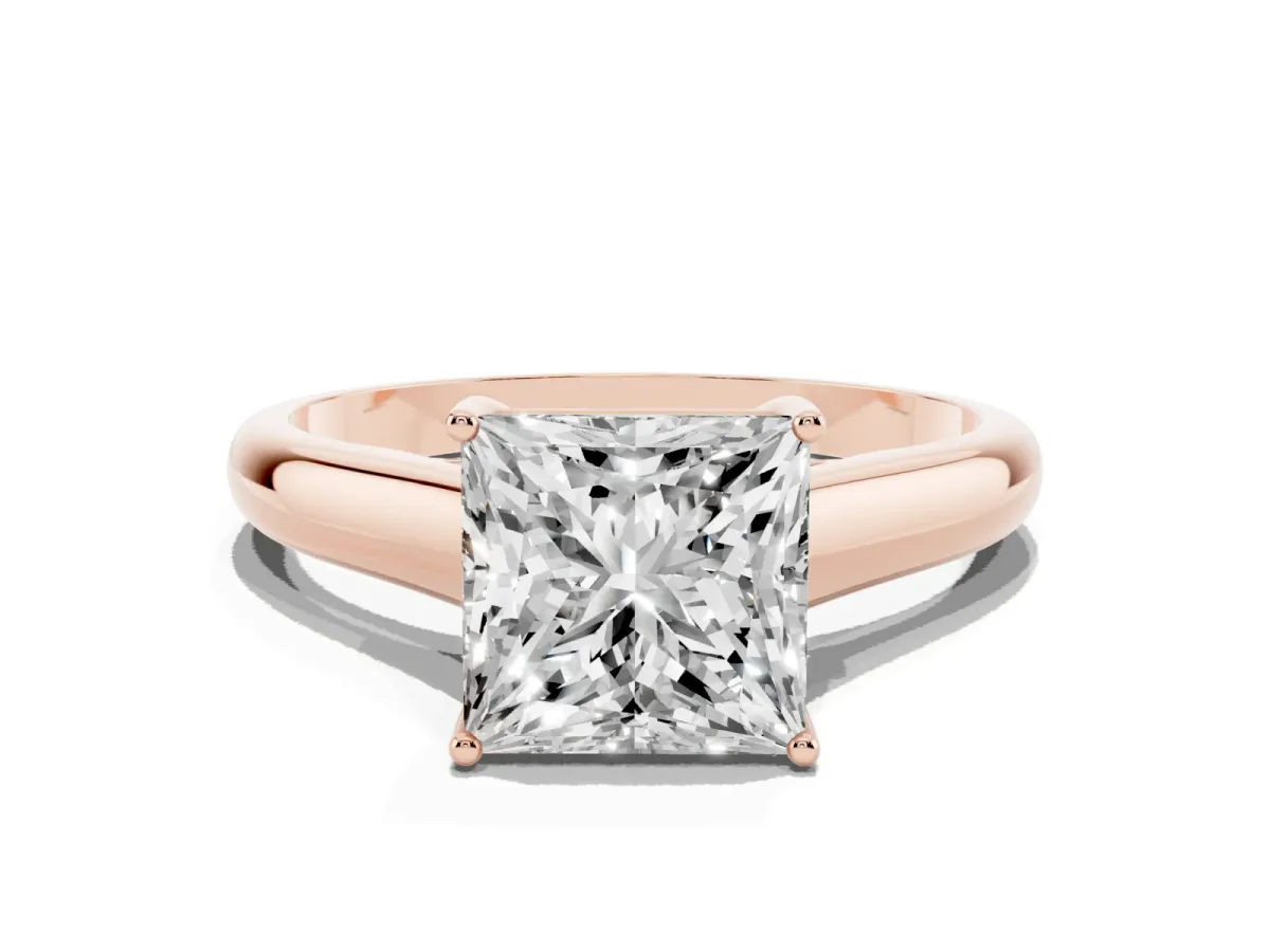 Princess Cut Solitaire Engagement Ring with Tapered Band and Four-Prong Setting Rose gold