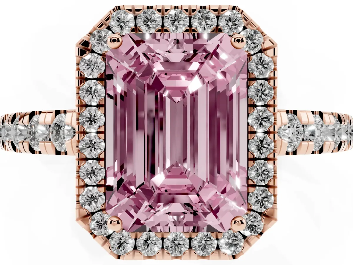 Fancy Pink Emerald Cut Diamond Halo Ring with Pavé Band and Four-Prong Setting Rose gold