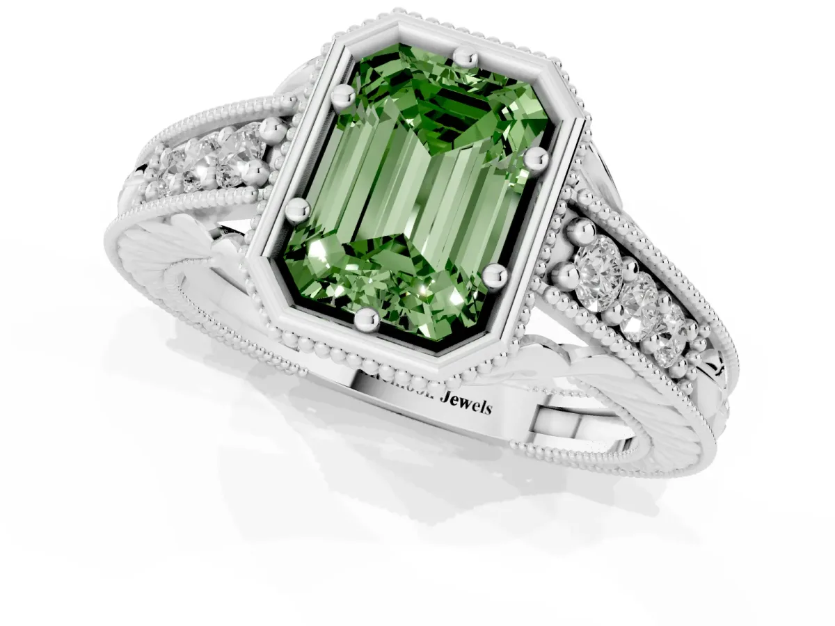 Fancy Green Bezel Set Emerald Cut Diamond Milgrain Pave Engagement Ring Platinum