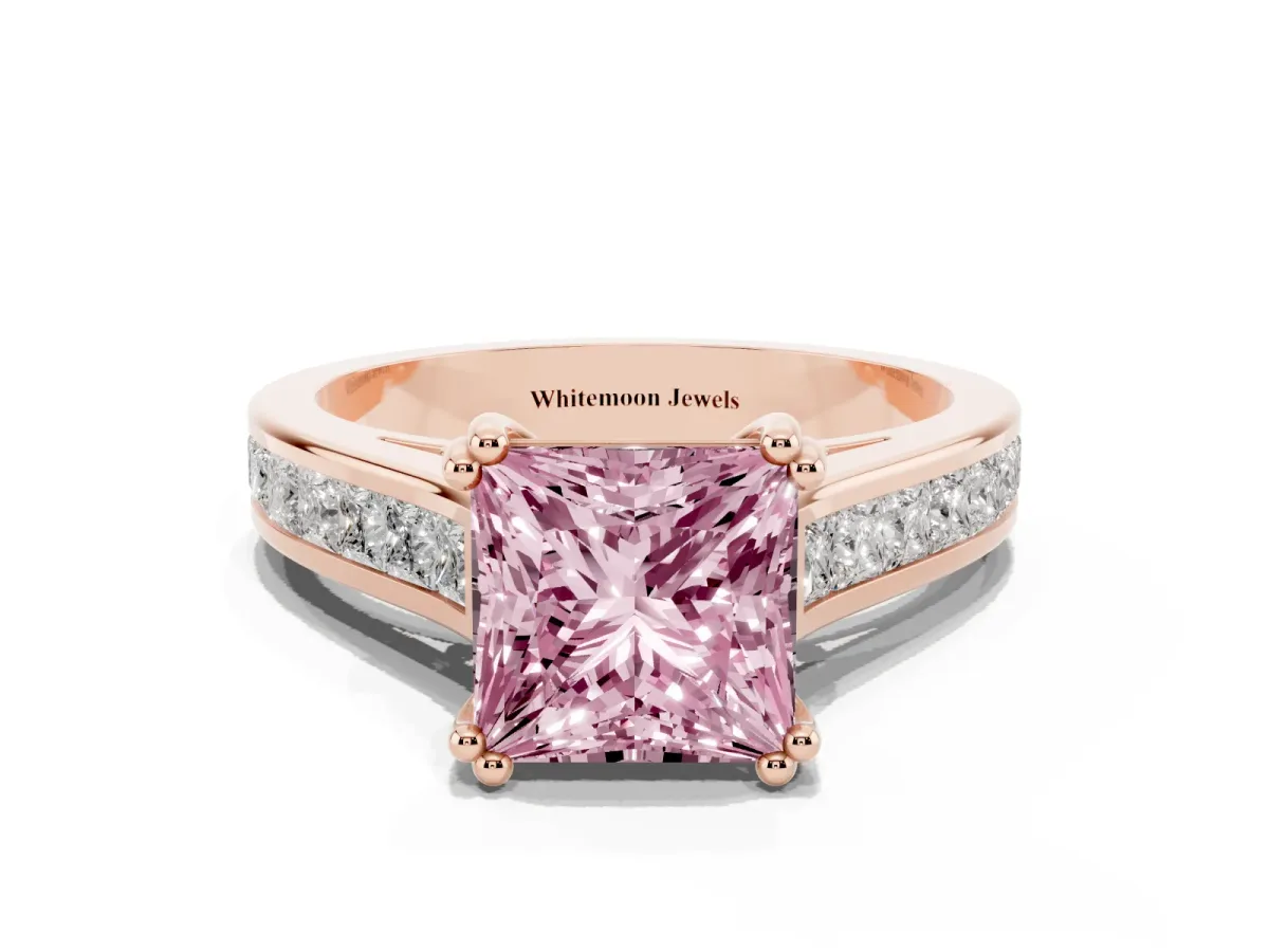 Fancy Pink Princess Cut Cut Channel Set Solitaire Engagement Ring with Prong Setting Rose gold