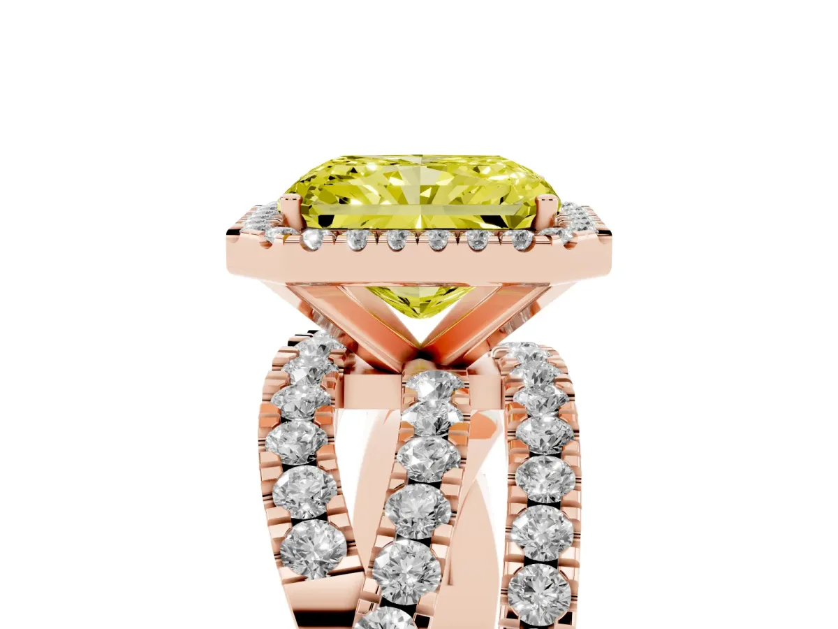 Fancy Yellow Radiant Cut Diamond Halo Ring with Round Split Shank and Prong Setting Rose gold