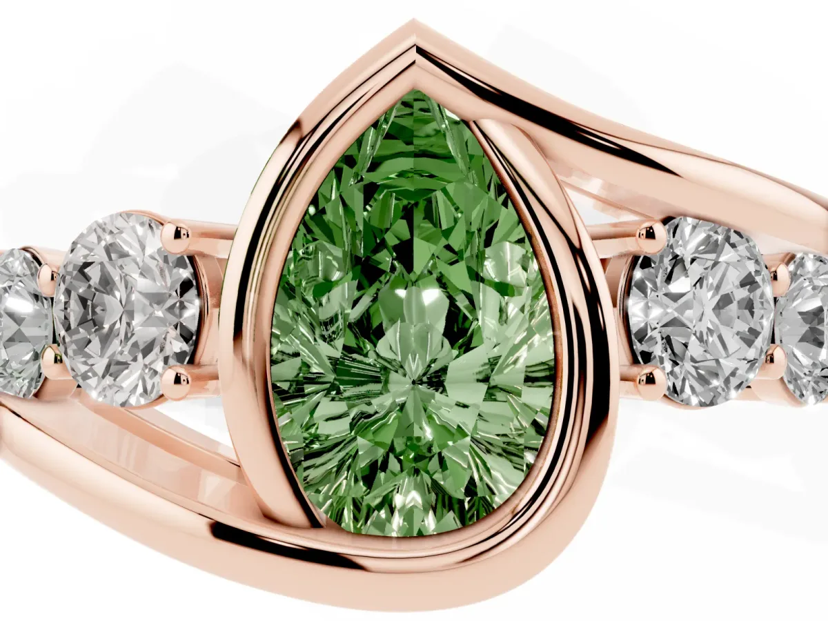 Fancy Green Bezel Set Pear Cut Diamond Bypass Ring with Round Accents Rose gold