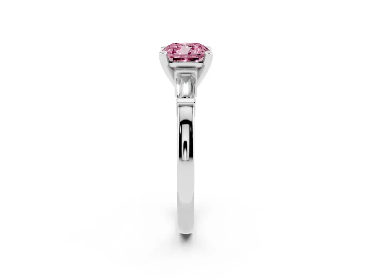 Fancy Pink Cushion Cut Cut Diamond Solitaire Ring with Tapered Baguette Accents and Four-Prong Setting White gold