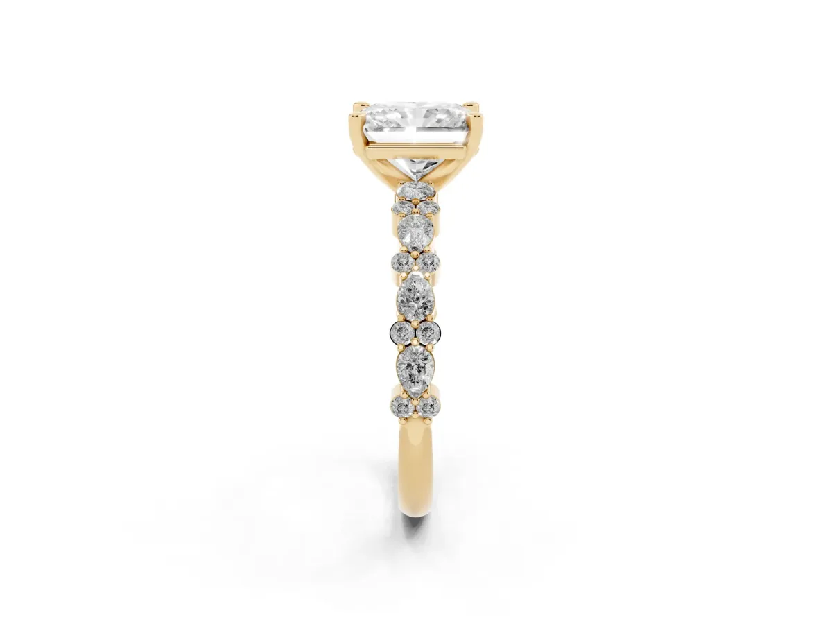 Radiant Cut Diamond Side Stone Solitaire Ring with Round and Four-Prong Setting Yellow gold