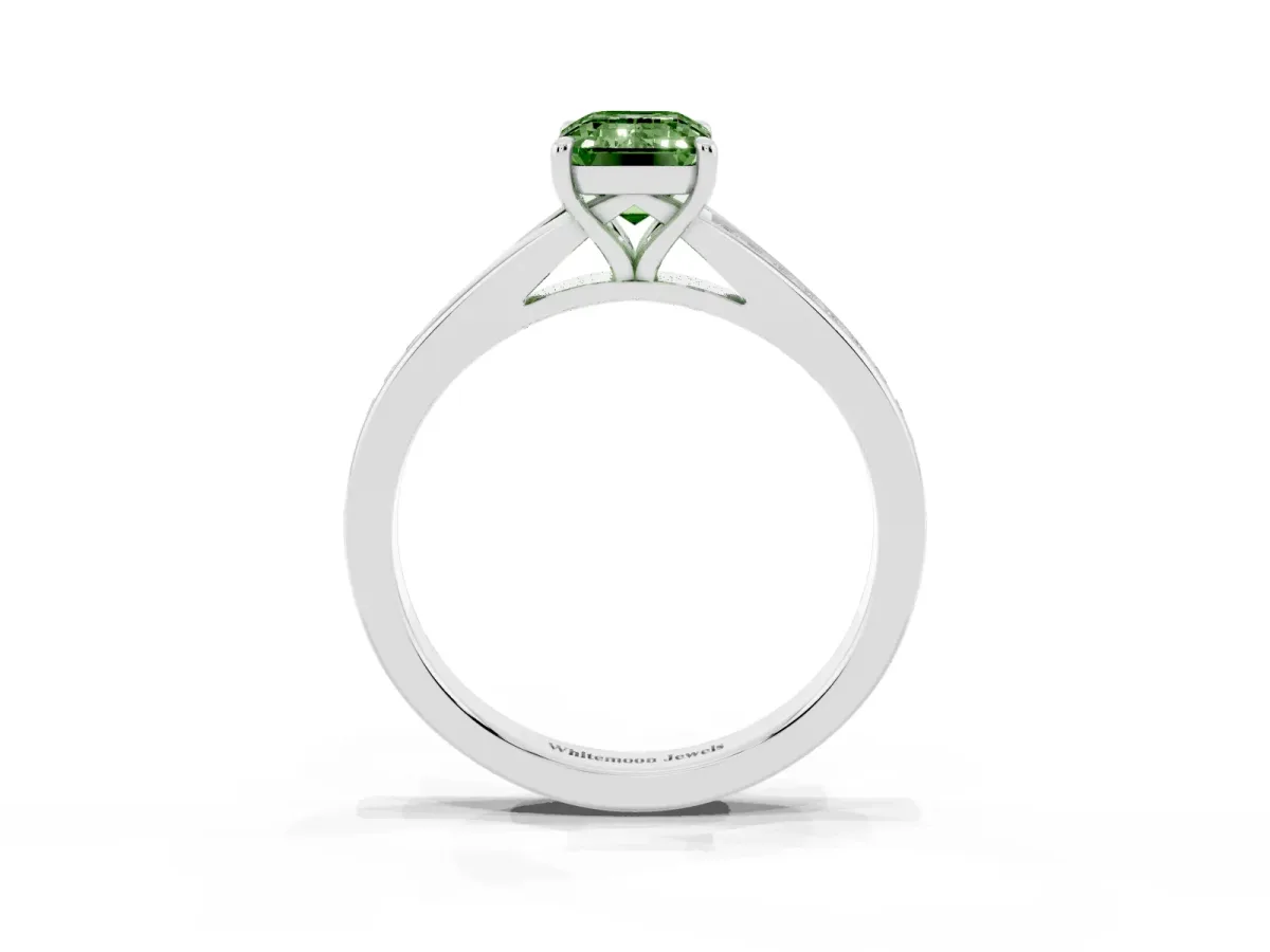 Fancy Green Emerald Cut Diamond Solitaire Ring with Pavé Band and Prong Setting Silver