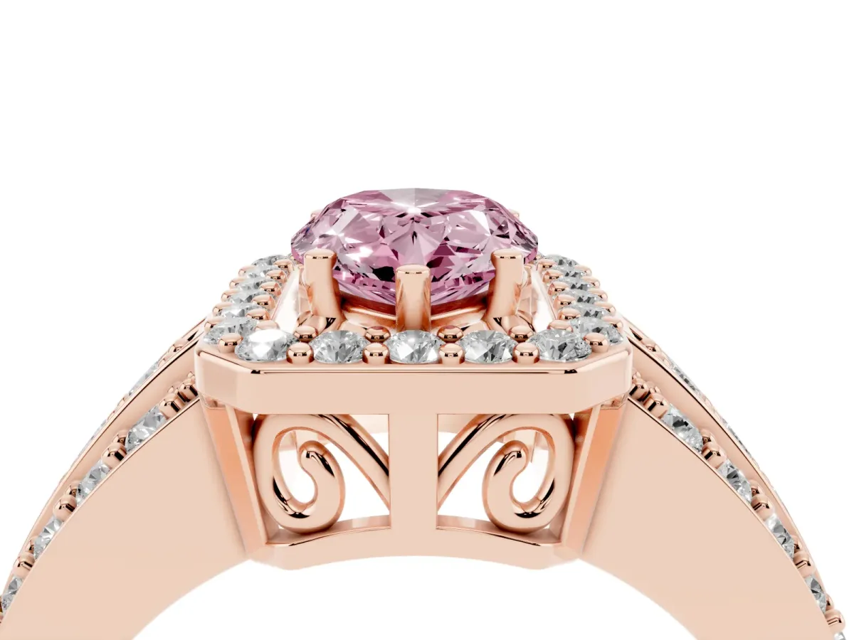 Fancy Pink Pear Cut Halo Diamond Ring with Round Split Shank and Prong Setting Rose gold
