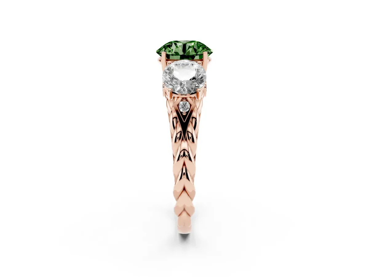 Fancy Green Three-Stone Round Cut Diamond Braided Band Ring with Four-Prong Setting Rose gold