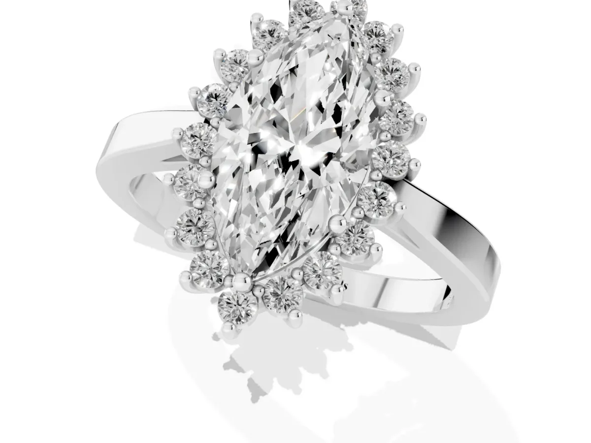Marquise Cut Cut Diamond Halo Ring with Round Brilliant Halo and Solitaire Band White gold