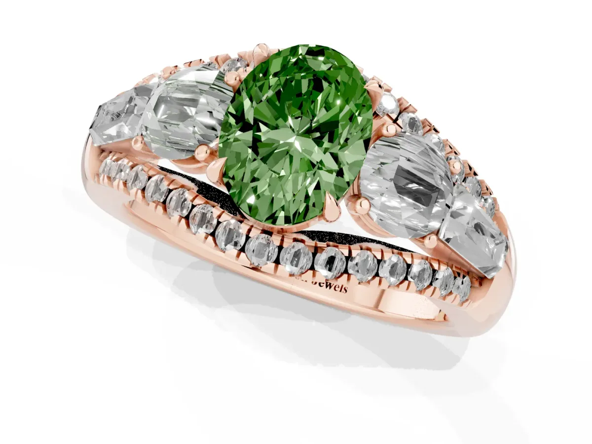 Fancy Green Three-Stone Oval Cut Diamond Engagement Ring with Pave Band and Prong Setting Rose gold