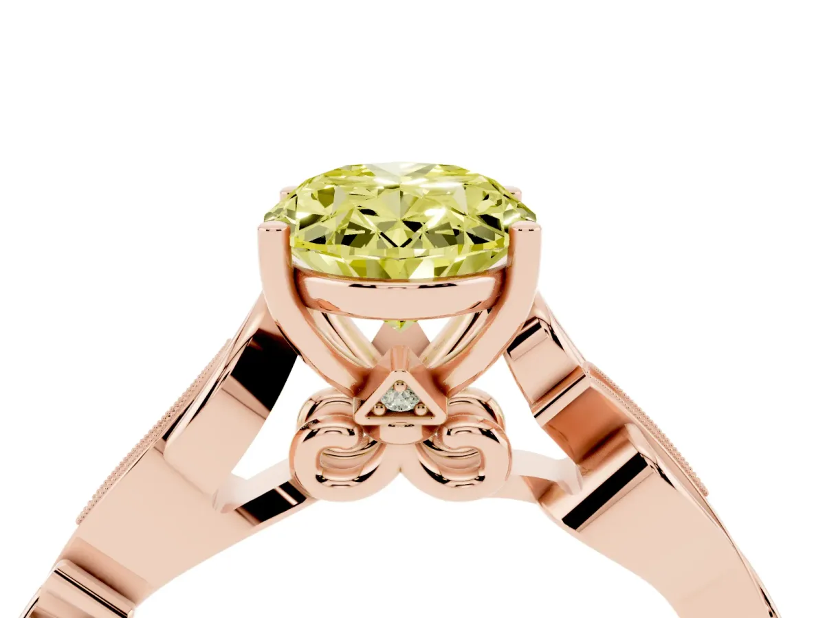 Fancy Yellow Oval Cut Solitaire Vine Band with Milgrain Prong Setting Rose gold