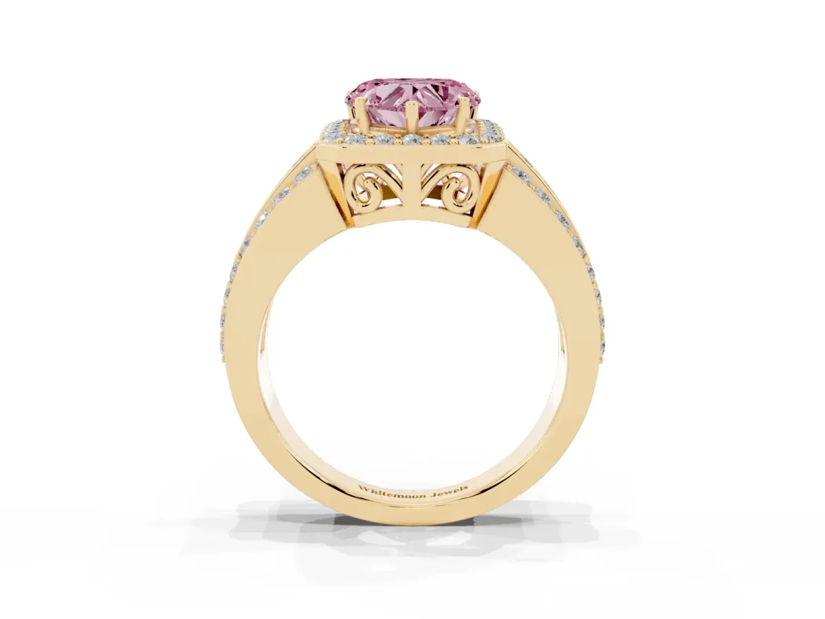 Fancy Pink Heart Cut Halo Diamond Ring with Round Split Shank and Prong Setting Yellow gold