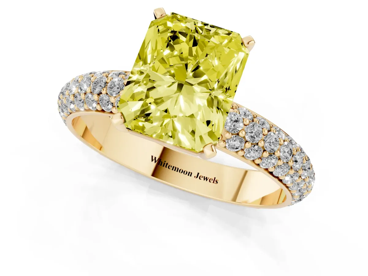 Fancy Yellow Radiant Cut Diamond Solitaire Ring with Prong Setting and Pavé Band Yellow gold