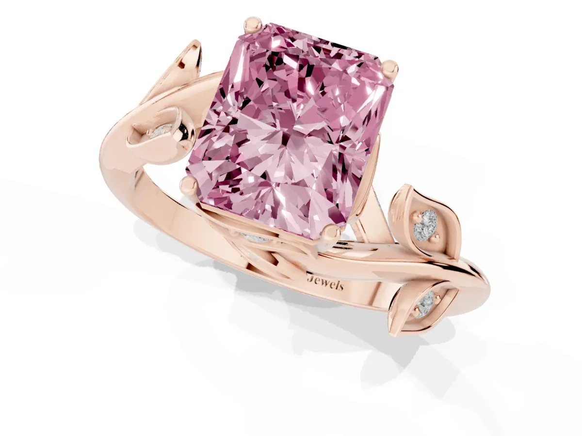 Fancy Pink Radiant Cut Solitaire Twist Engagement Ring with Leaf Accents and Prong Setting Rose gold