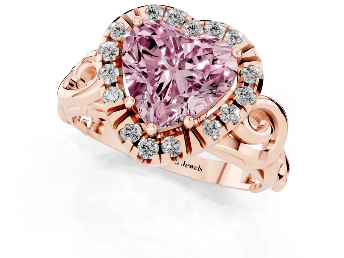 Fancy Pink Heart Cut Cut Halo Diamond Ring with Scrollwork Band and Four-Prong Setting Rose gold