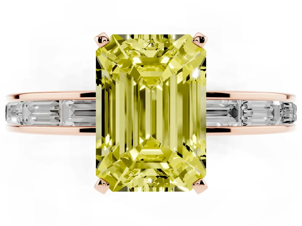 Fancy Yellow Emerald Cut Solitaire Diamond Ring with Channel-Set Baguette Band and Four-Prong Setting Rose gold