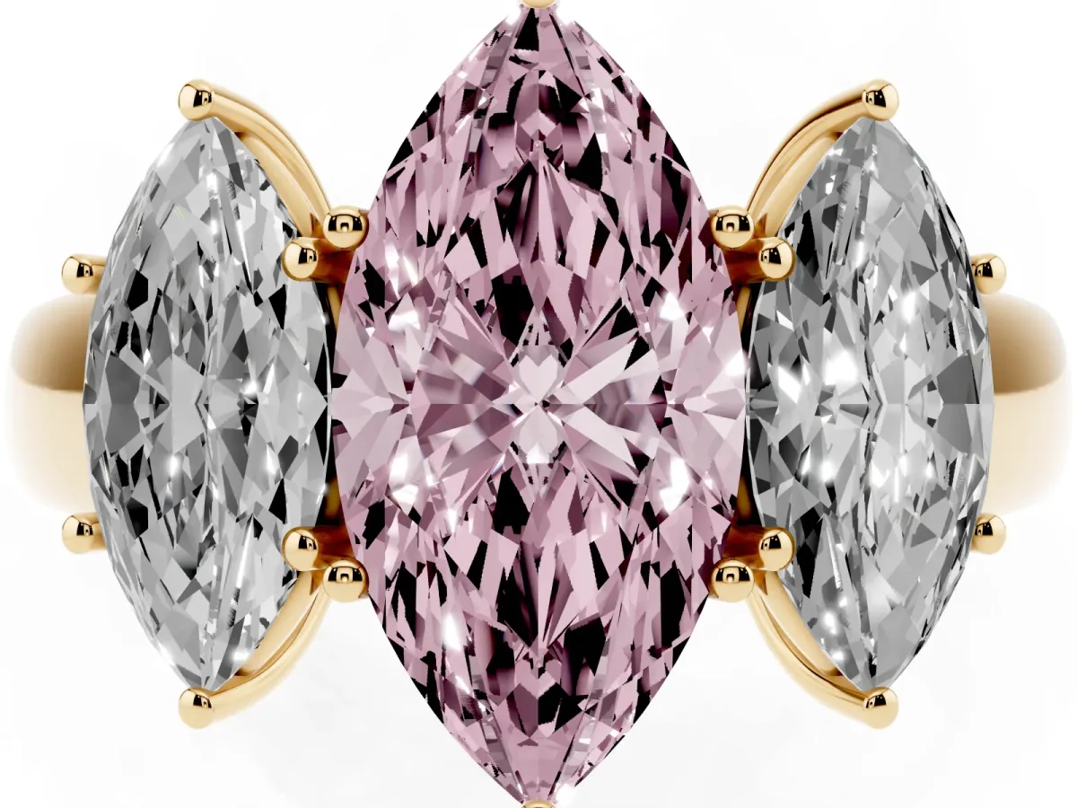 Fancy Pink Three-Stone Marquise Cut Cut Diamond Ring with Prong Setting and Classic Band Yellow gold