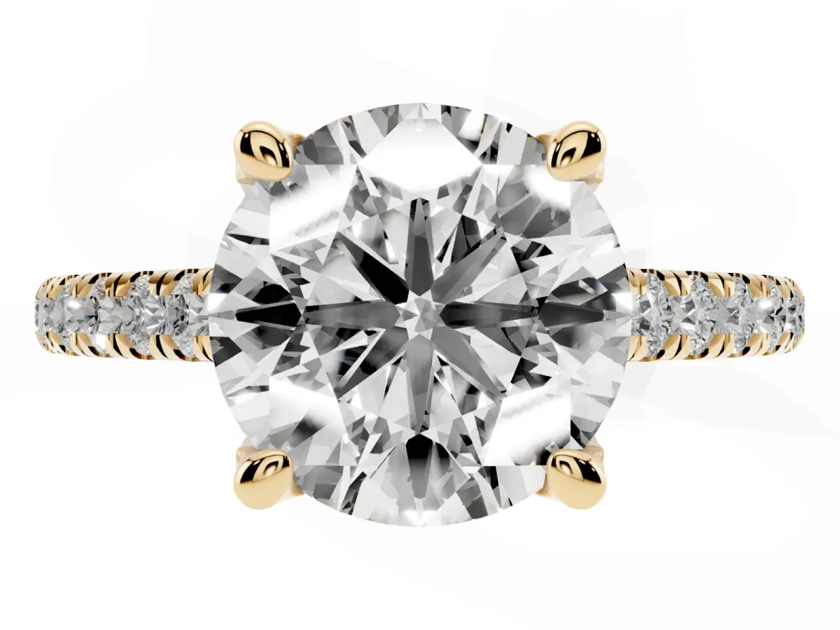 Round Cut Brilliant Diamond Solitaire with Pavé Band and Four-Prong Setting Yellow gold