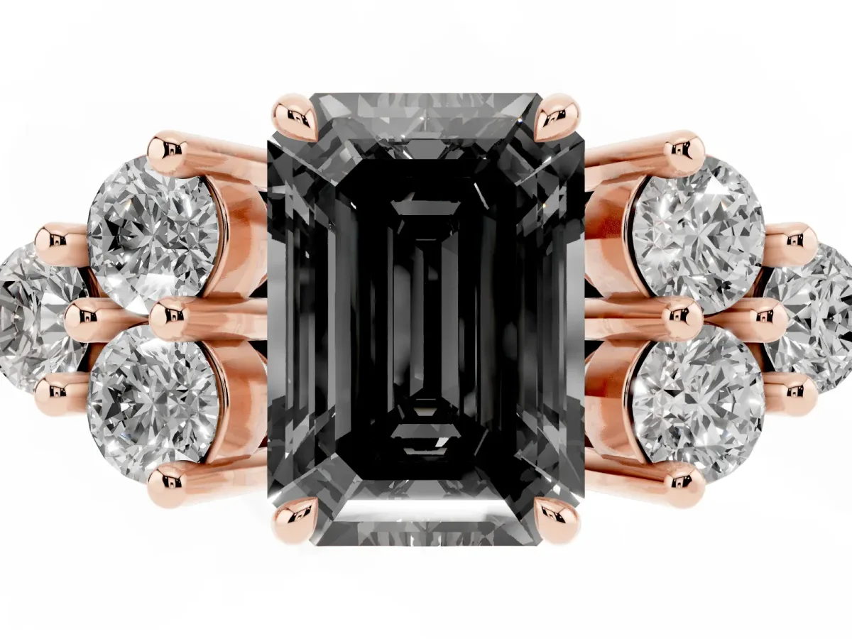 Fancy Black Emerald Cut Brilliant Diamond Cluster Accent Solitaire Ring with Prong Setting Rose gold
