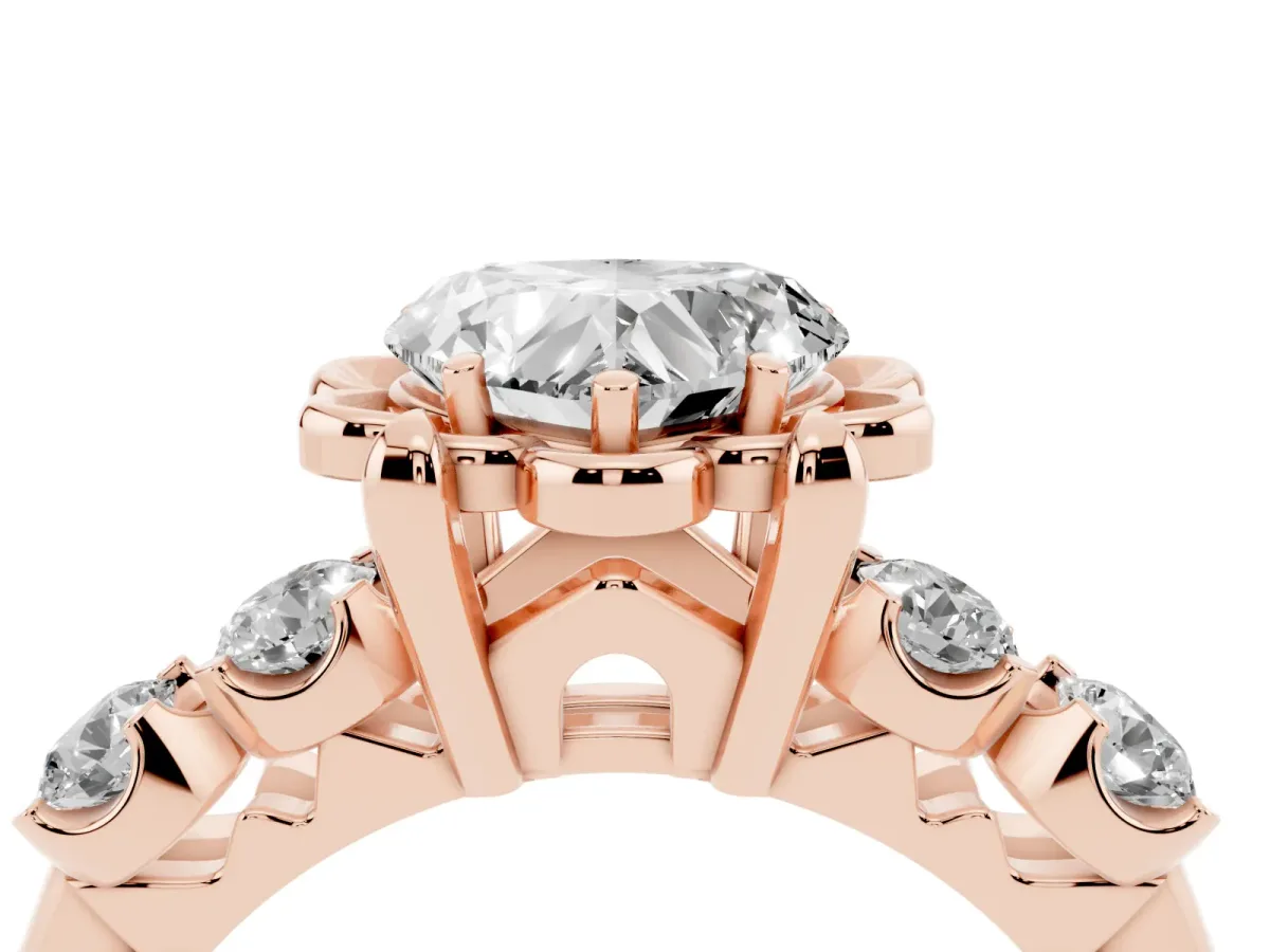 Heart Cut Cut Diamond Floral Halo Engagement Ring with Shared Prong Setting Rose gold