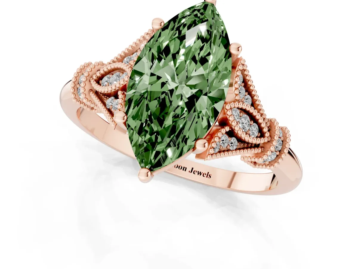 Fancy Green Marquise Cut Diamond Solitaire Ring with Floral Filigree and Pave Accents Rose gold