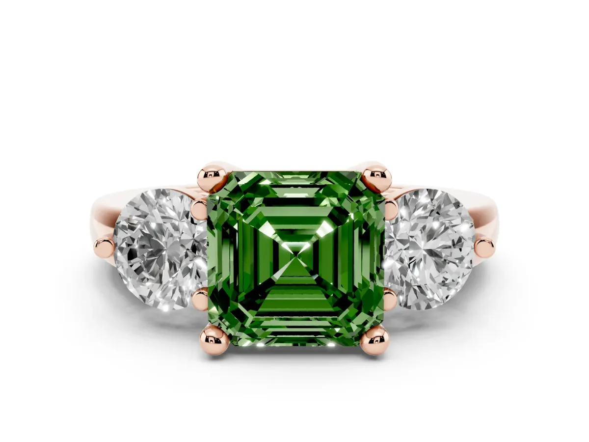Fancy Green Three-Stone Asscher Cut Brilliant Cut Solitaire Ring with Prong Setting on a Classic Band Rose gold