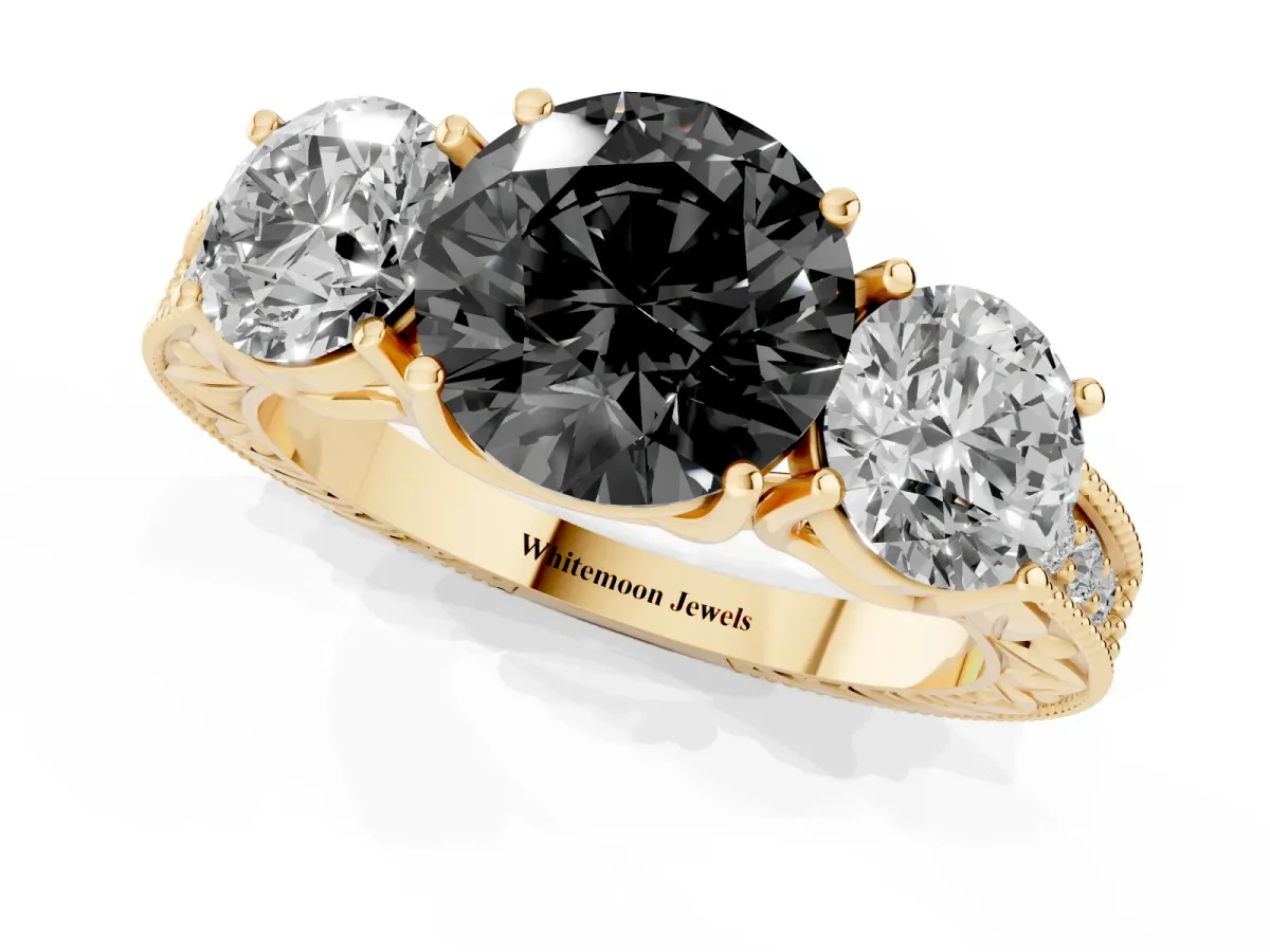 Fancy Black Three-Stone Round Cut Cut Milgrain Pavé Engagement Ring Yellow gold