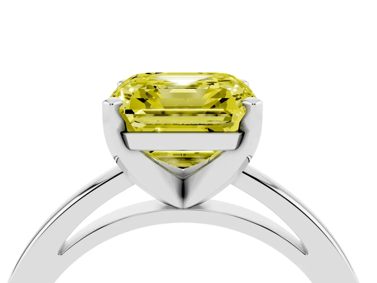 Fancy Yellow Asscher Cut Solitaire Diamond Engagement Ring with Four-Prong Setting on a Classic Band Platinum