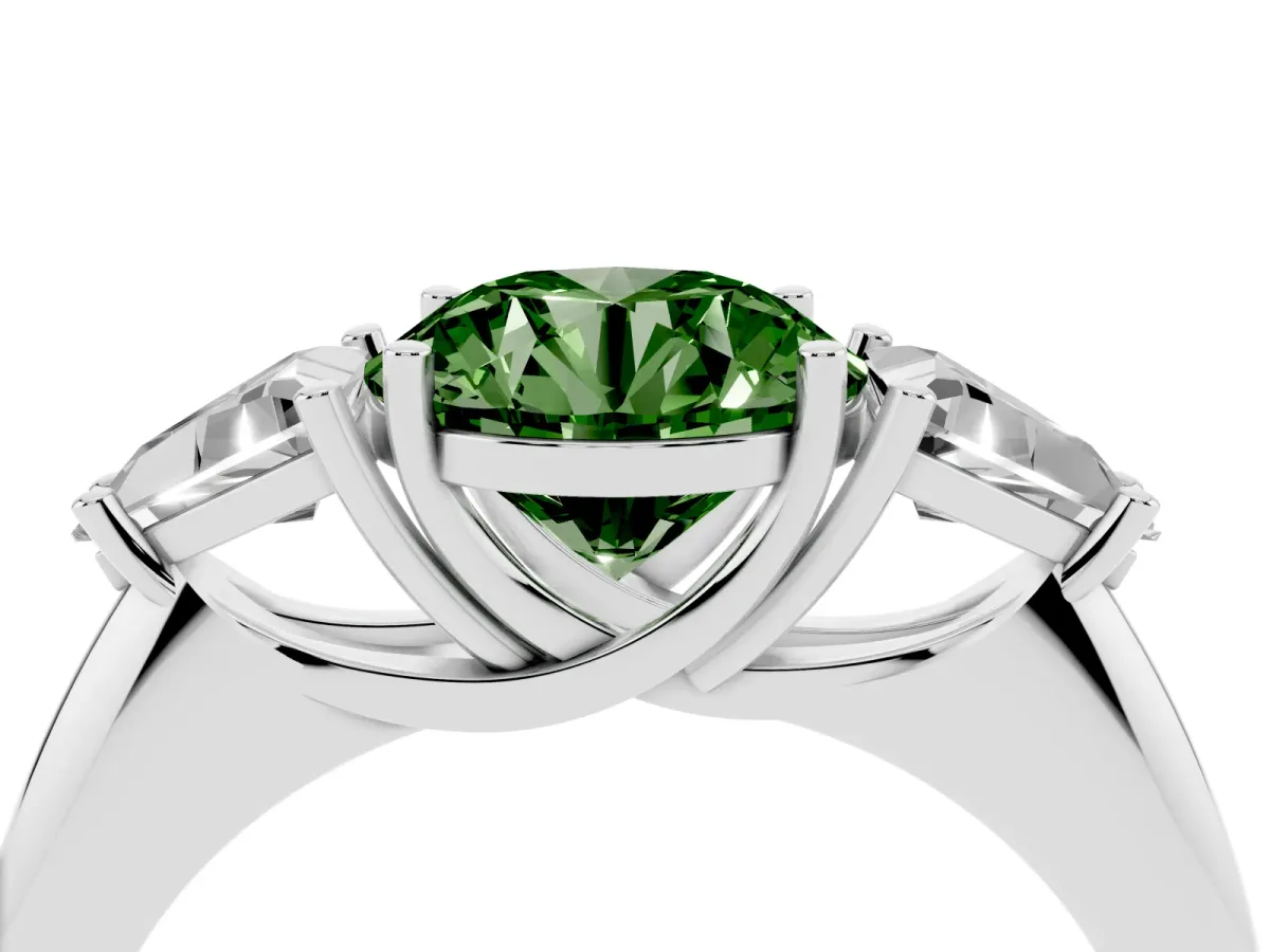 Fancy Green Three-Stone Round Cut Diamond Engagement Ring with Trillion Side Stones and Prong Setting Silver