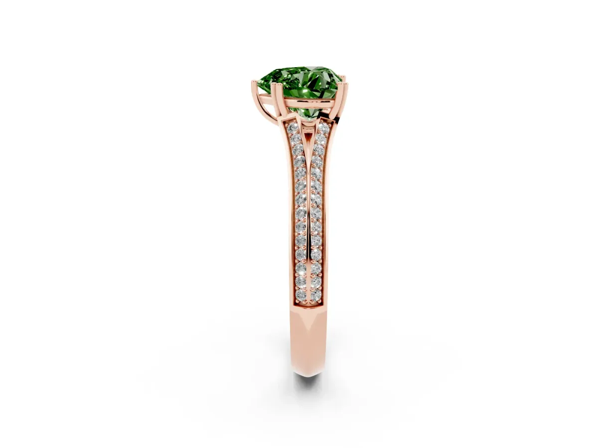 Fancy Green Heart Cut Diamond Split Shank Engagement Ring with Pavé Band Rose gold