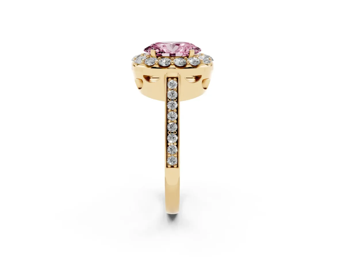Fancy Pink Oval Cut Diamond Floral Halo Ring with Pavé Band and Prong Setting Yellow gold