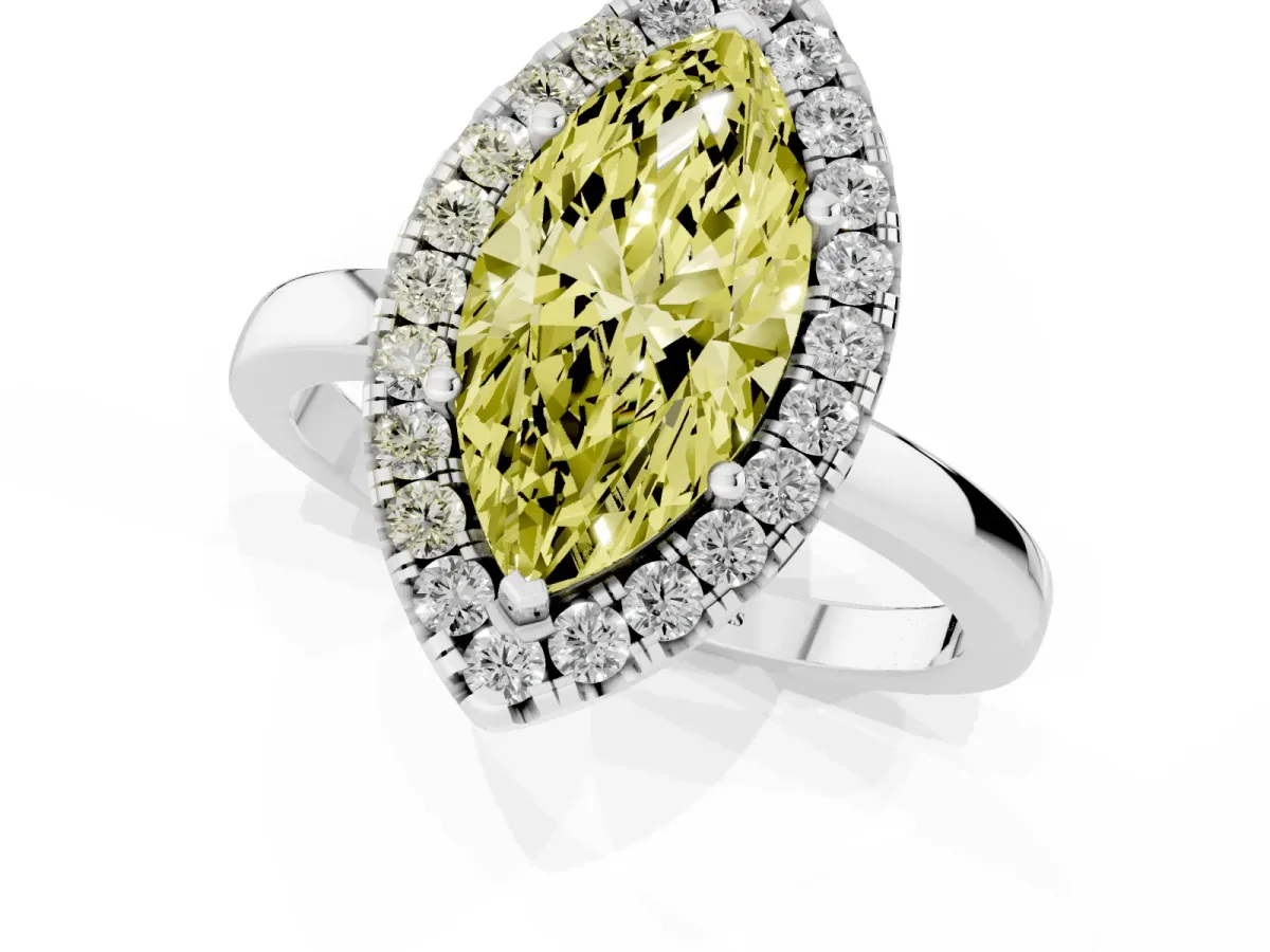 Fancy Yellow Marquise Cut Halo Diamond Solitaire with Pavé Band and Four-Prong Setting White gold