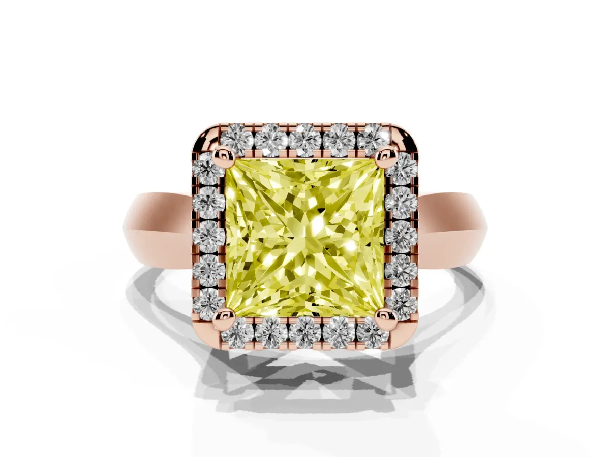 Fancy Yellow Princess Cut Cut Halo Solitaire Engagement Ring with Square Band and Four-Prong Setting Rose gold