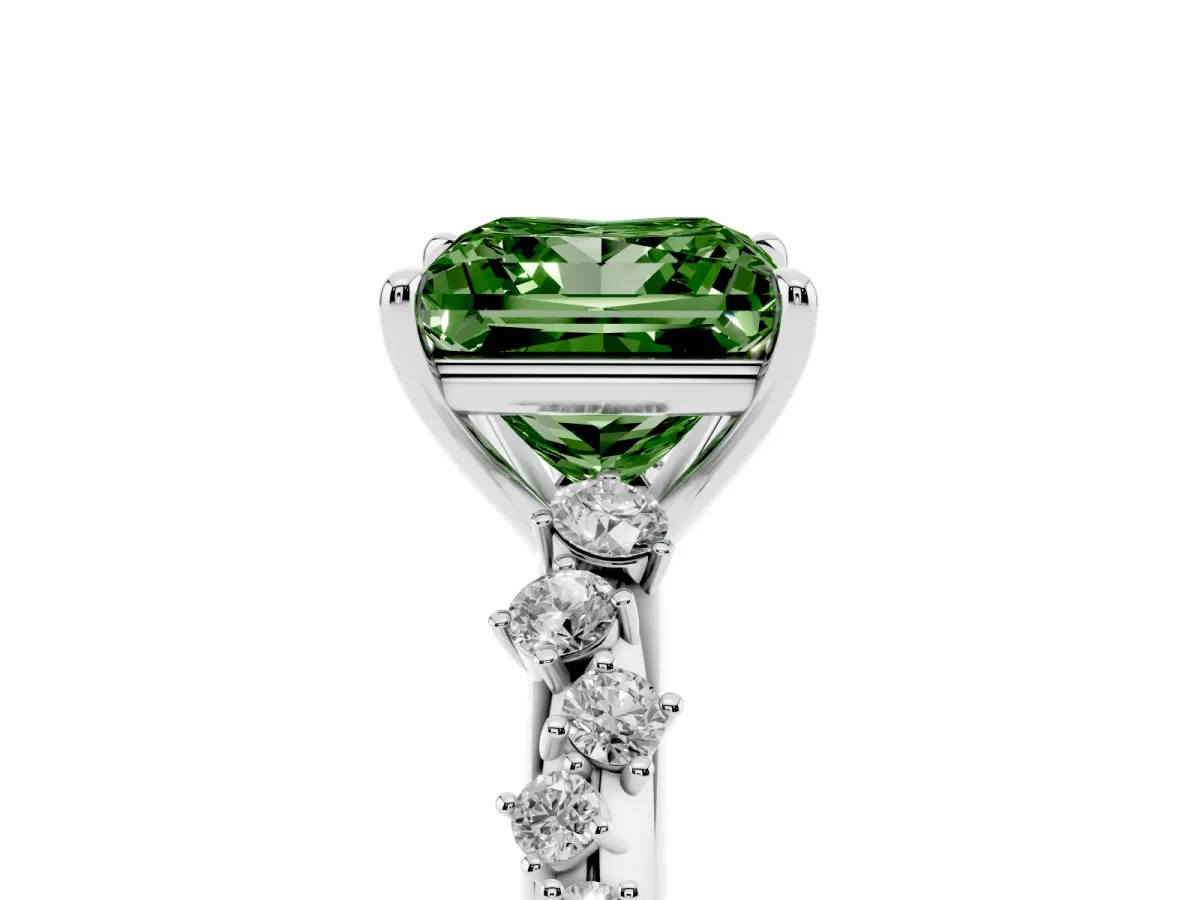 Fancy Green Princess Cut Diamond Cluster Side Stone Solitaire Ring with Prong Setting Platinum