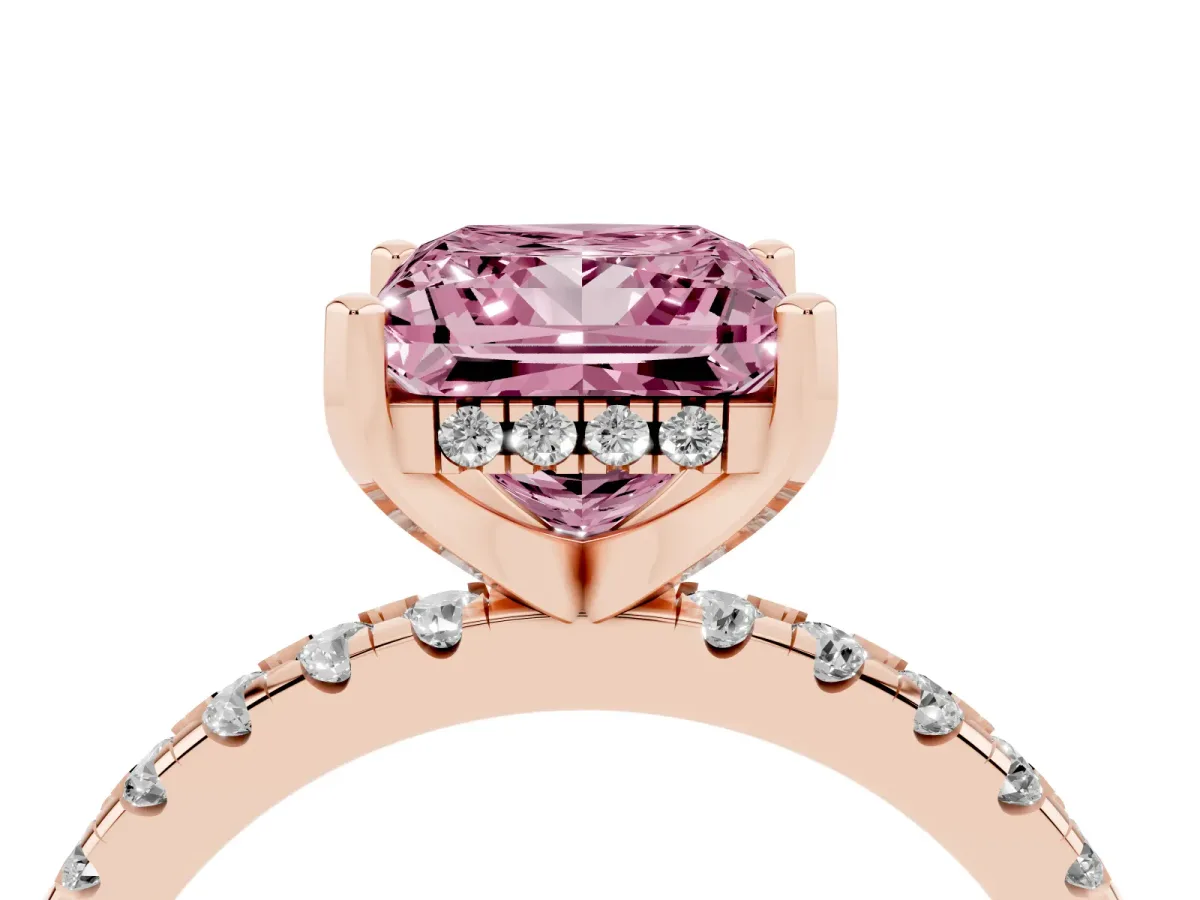 Fancy Pink Princess Cut Diamond Solitaire Ring with Round Pavé Band and Four-Prong Setting Rose gold
