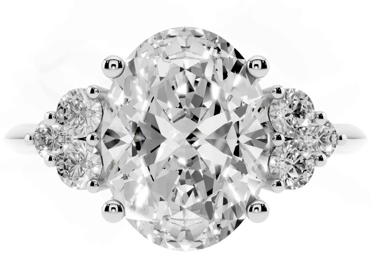 Oval Cut Cut Diamond Cluster Ring with Solitaire Band and Four-Prong Setting Silver