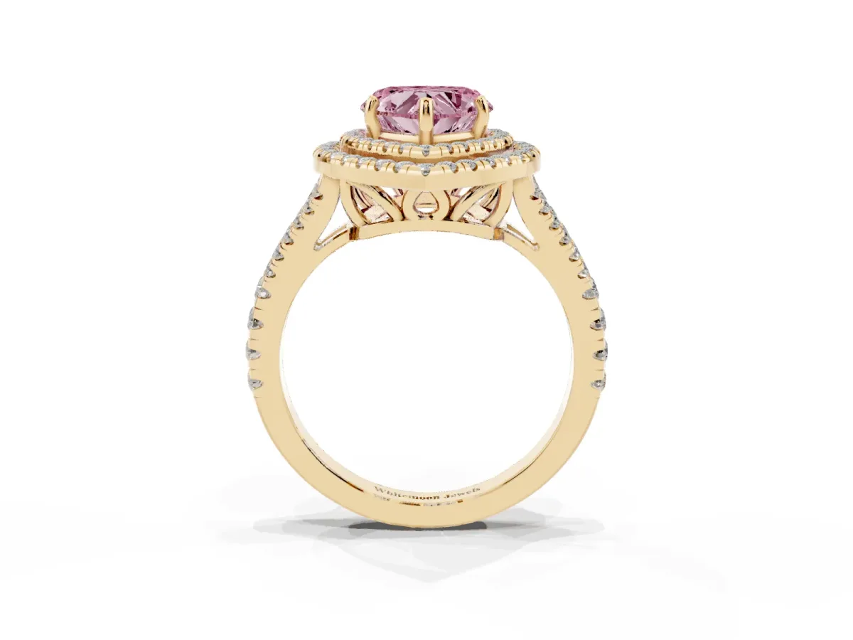Fancy Pink Heart Cut Diamond Double Halo Ring with Pavé Band and Prong Setting Yellow gold