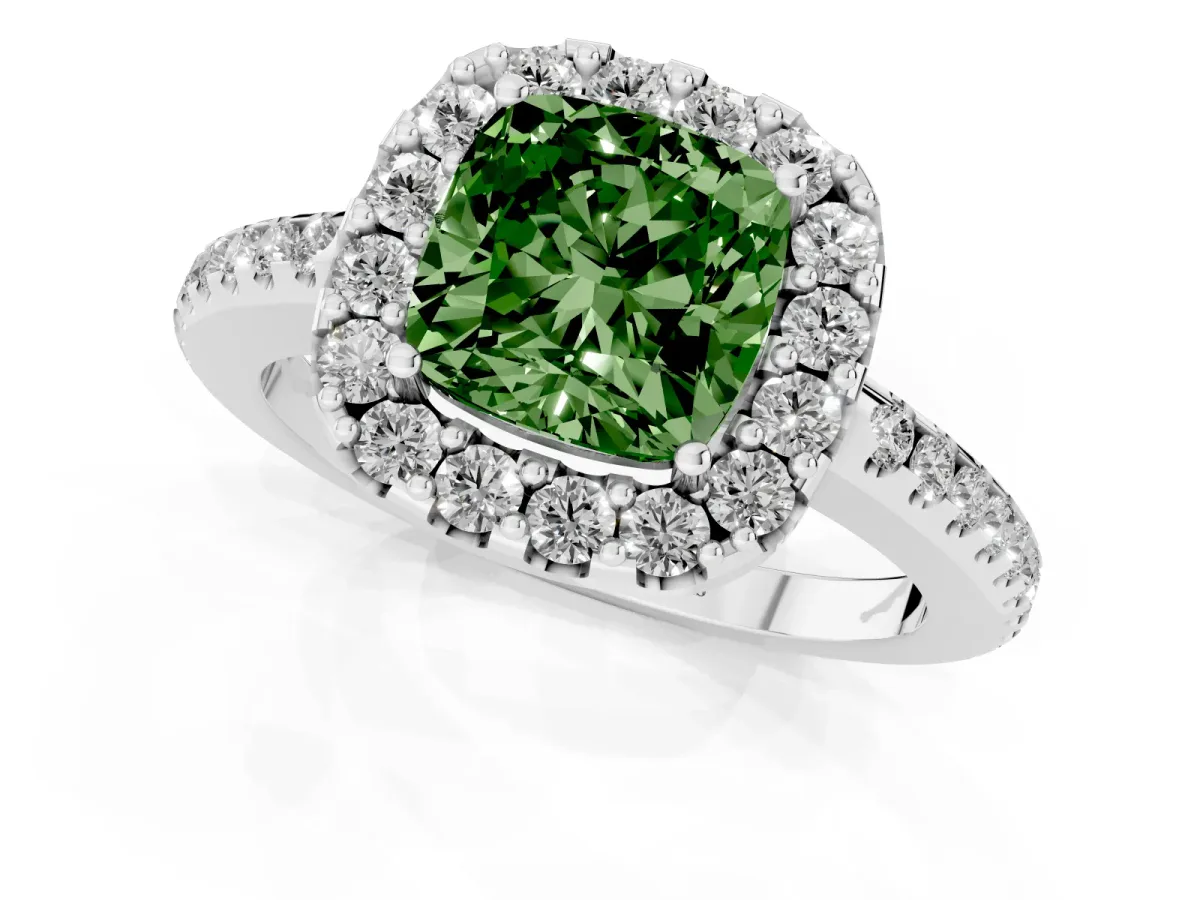 Fancy Green Cushion Cut Diamond Pavé Halo Ring with Four-Prong Setting Silver