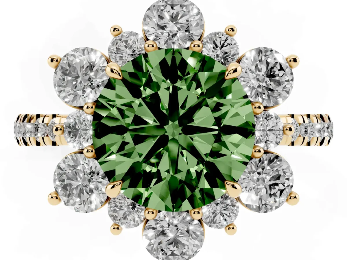 Fancy Green Round Cut Diamond Floral Halo Ring with Round Pavé Band and Prong Setting Yellow gold