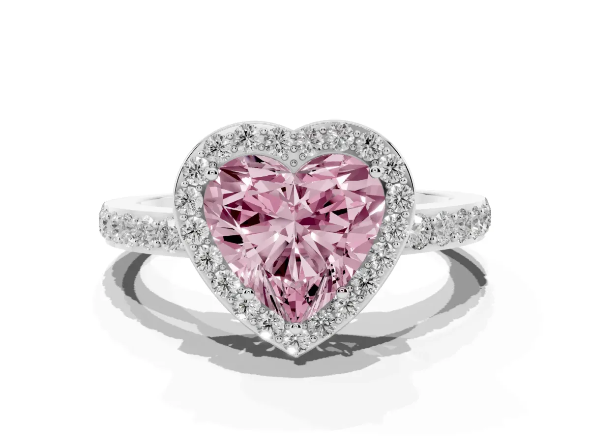 Fancy Pink Heart Cut Halo Diamond Pavé Band Ring with Prong Setting Silver