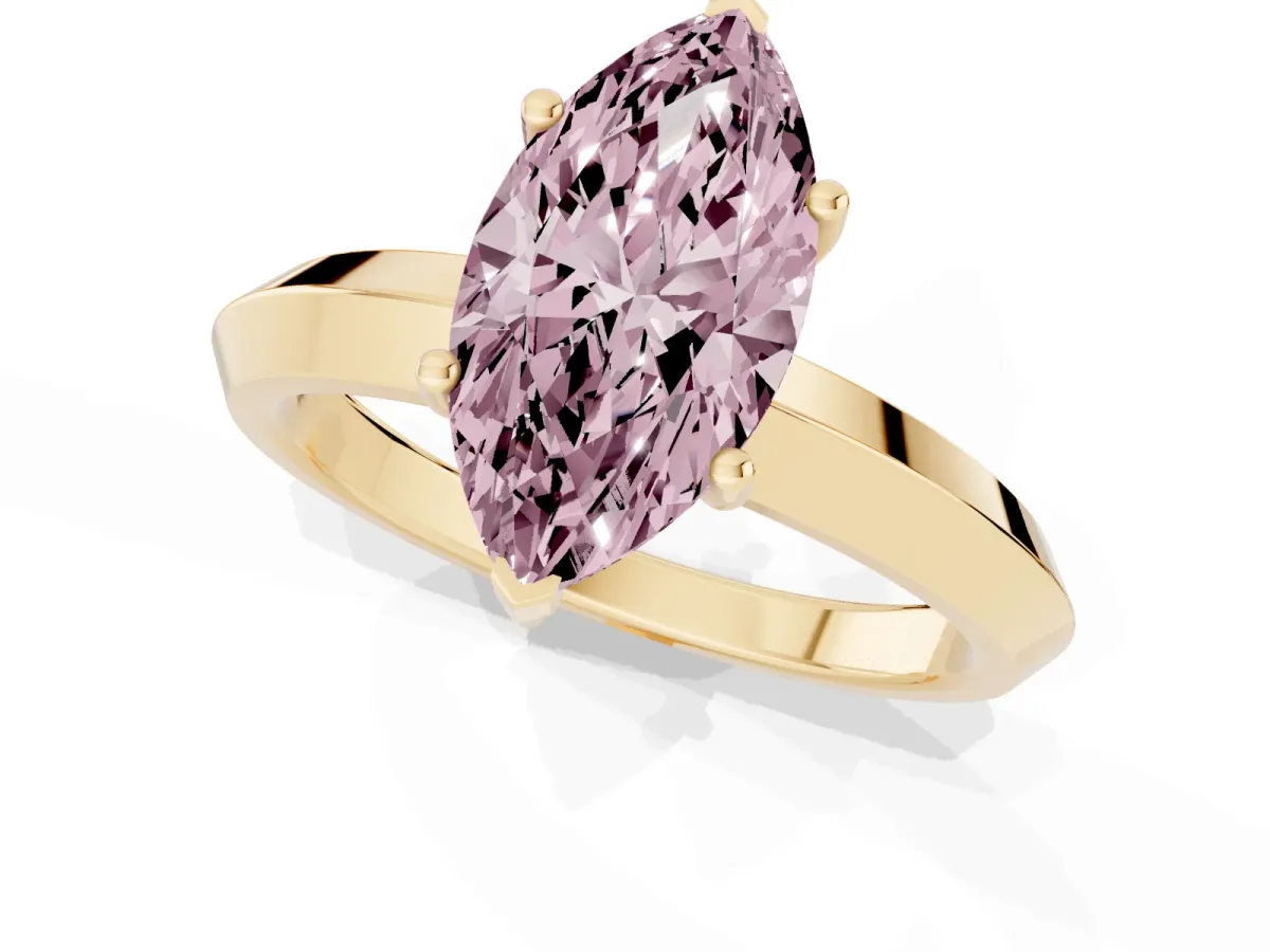 Fancy Pink Marquise Cut Cut Solitaire Engagement Ring with Flat Band and Four-Prong Setting Yellow gold