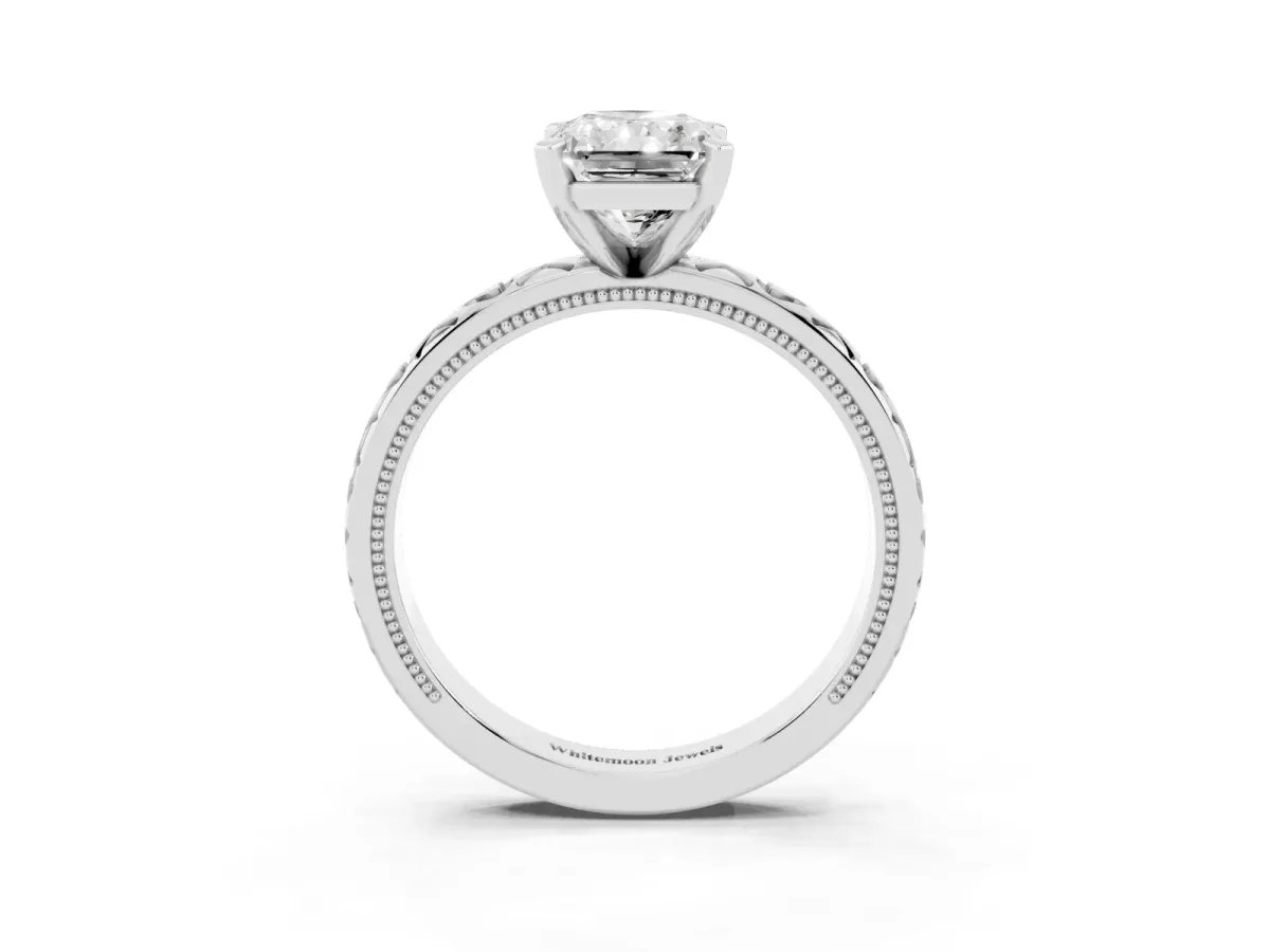 Radiant Cut Solitaire Diamond Engagement Ring with XO Engraved Band and Four-Prong Setting Silver