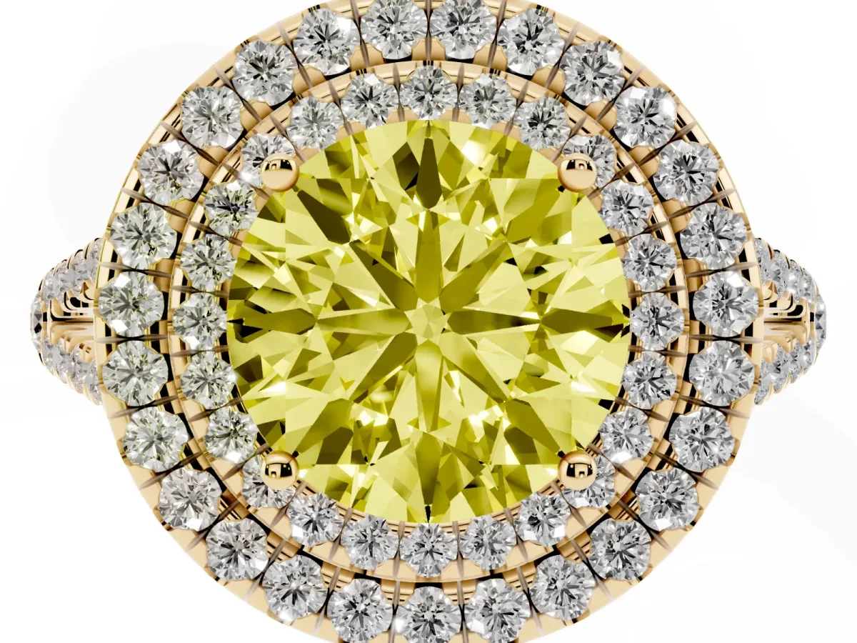 Fancy Yellow Round Cut Diamond Double Halo Ring with Pavé Band and Prong Setting Yellow gold